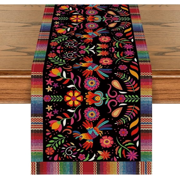 Bird Dia De Los Muertos Serape Mexican Fiesta Table Runner, Cinco De Mayo Day of The Dead Kitchen Dining Table Decoration for Home Party Decor 13x48 Inch