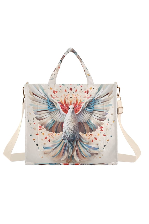 Bird Dove Side Corduroy Tote Bag Handbag Large Messenger Bag Shoulder Crossbody Zipper Bag Purse