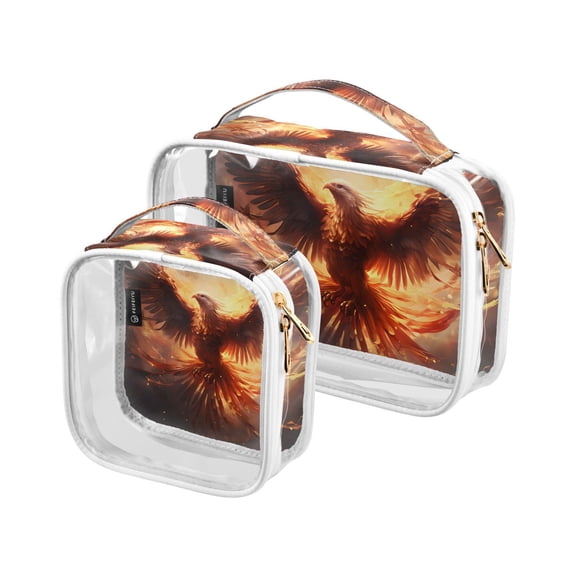 Bird Eagle Phoenix Fire Clear Cosmetic Bags with Handles PVC Toiletry Bags Zipper Waterproof Portable for Traveling 2 Pcs