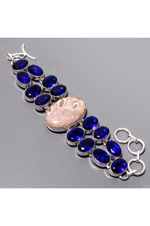 Bird Eye Jasper & Sapphire 925 Silver Plated Bracelet 7-7.99" T90, Valentine's Day Gift, Birthday Gift, Beautiful Jewelry For Woman & Girls