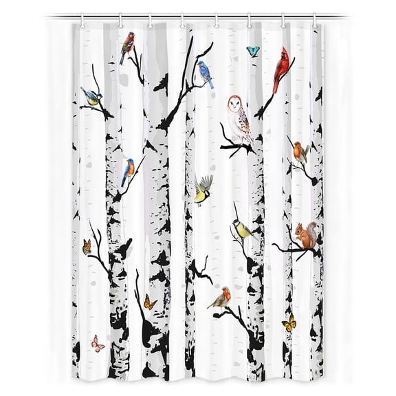 Bird Fabric Shower Curtain, White Black Birch Tree Forest Shower Curtain for Bathroom, Animal Shower Curtains with Hooks 48 x 70 Inch