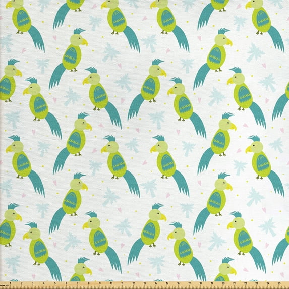 Bird Fabric by the Yard, Continuous Cuckatoo Palm Leaves and Hearts Pattern, Decorative Upholstery Fabric for Sofas and Home Accents, Green Yellow by Ambesonne