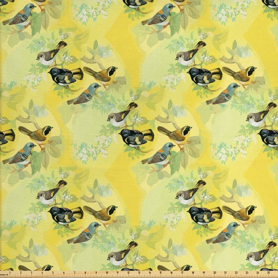 Ambesonne Bird Fabric by the Yard Upholstery, Tiny Birds on Branches, 2 Yards, Yellow and Multicolor