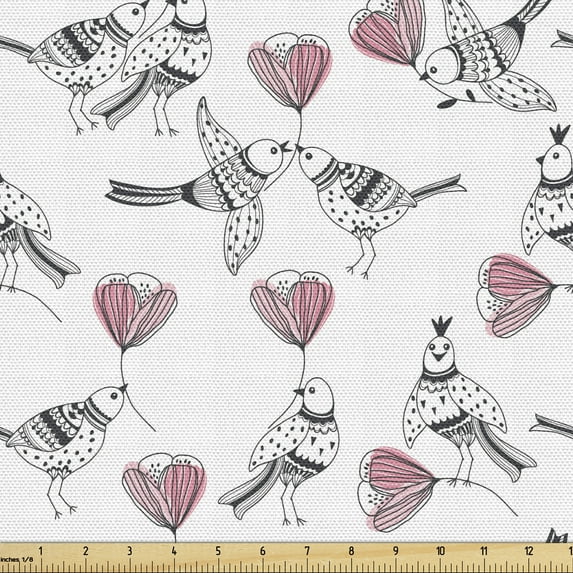 Bird Fabric by the Yard Upholstery, Zentangle Ornamental Birds Carrying Pink Flowers Romantic Art Repetition, Decorative Fabric for DIY and Home Accents, Rose White and Dark Grey by Ambesonne