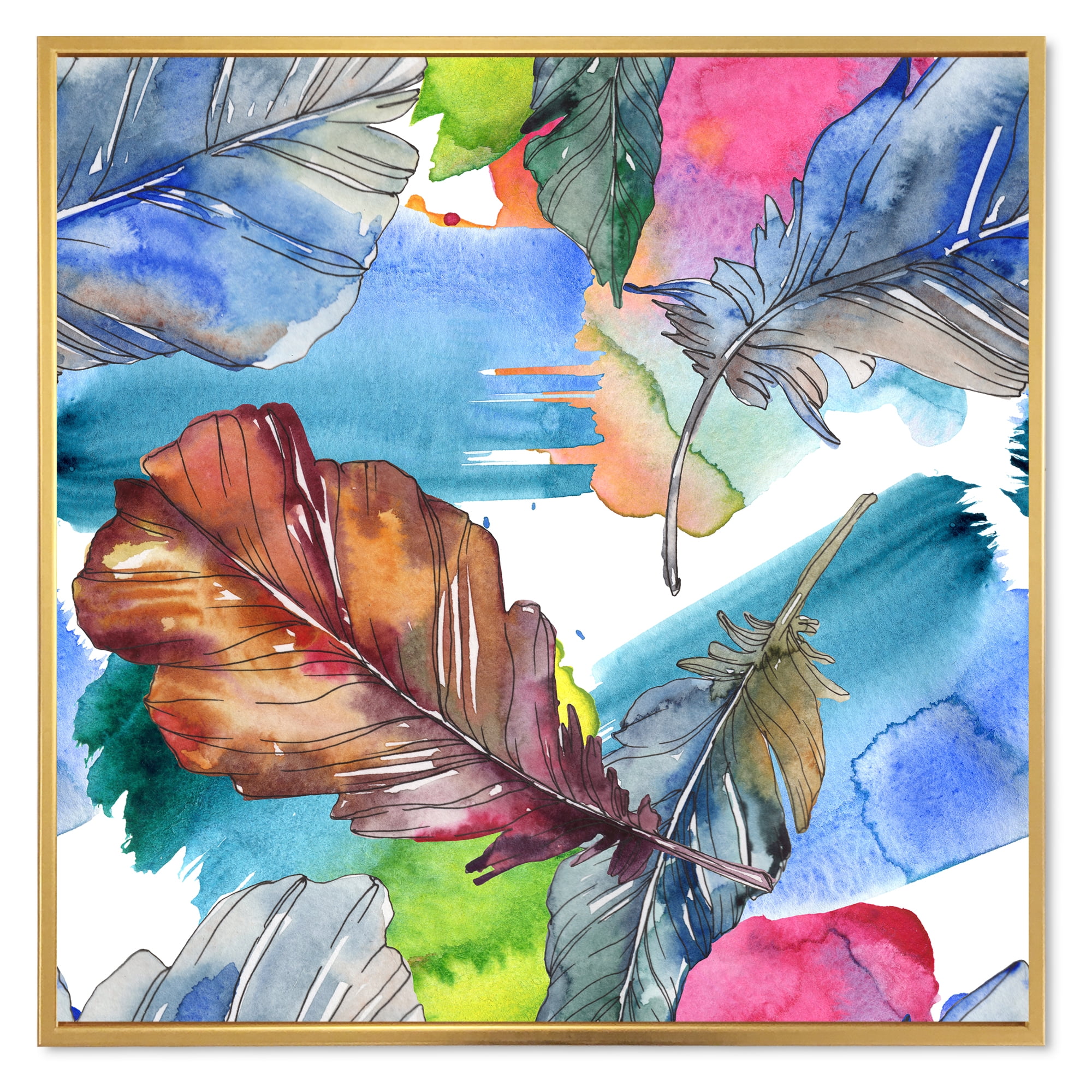 Bird Feather In Pink and Blue 30 in x 30 in Framed Painting Canvas Art Print, by Designart
