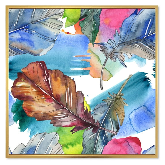 Bird Feather In Pink and Blue 30 in x 30 in Framed Painting Canvas Art Print, by Designart
