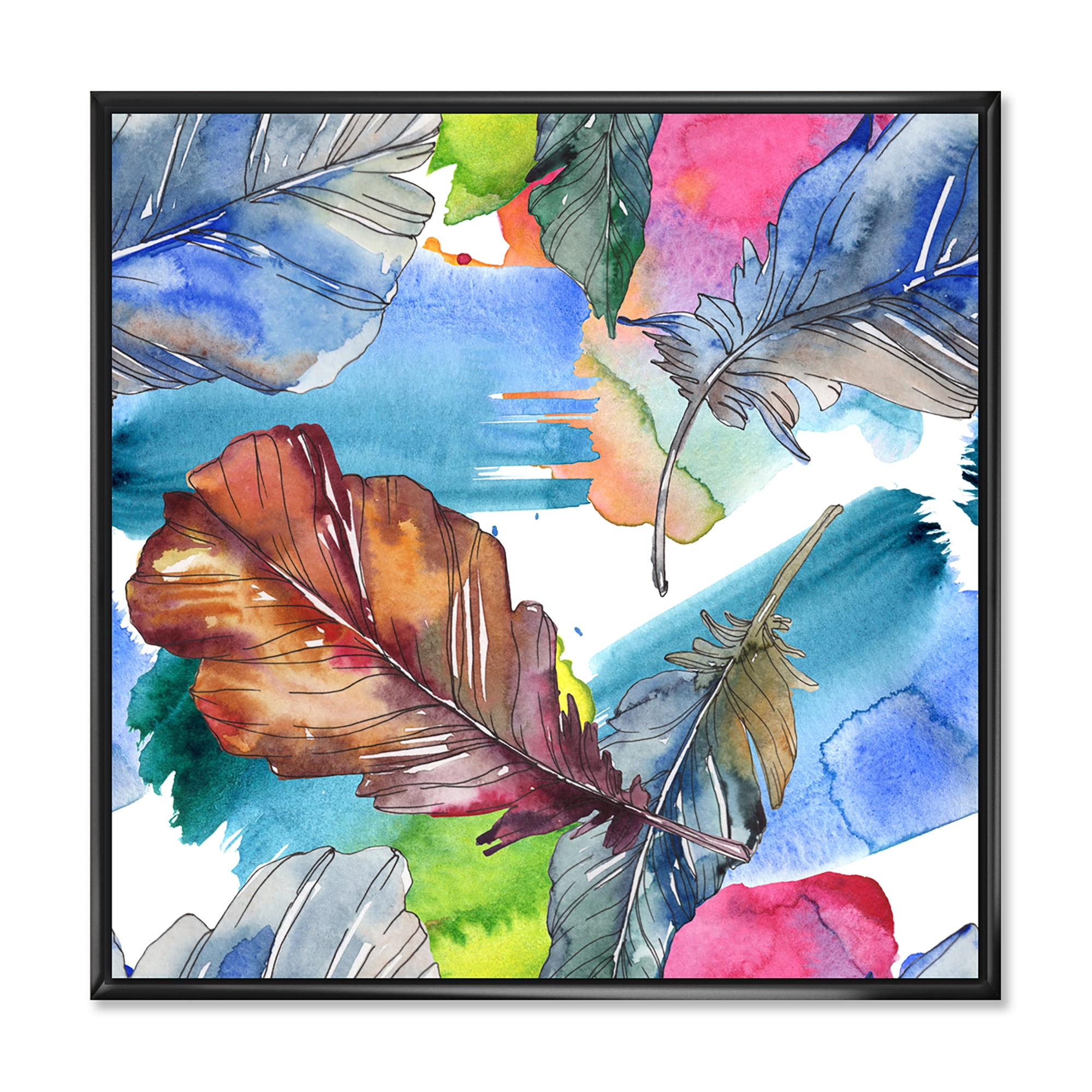 Bird Feather In Pink and Blue 30 in x 30 in Framed Painting Canvas Art Print, by Designart