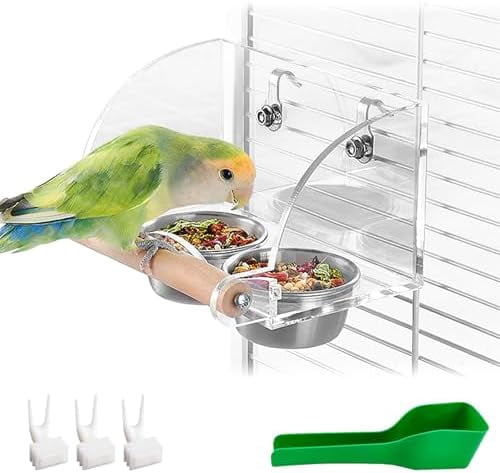 Bird Feeder for Cage with Double Stainless Steel Food & Water Bowls Anti-Slip Wood Perch Stand with No Mess Acrylic Seed Catcher for Parrot, Budgie, Parakeet, Lovebird, Canary, Finch (Hook)