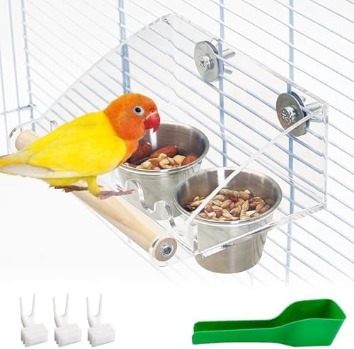 Bird Feeder for Cage with Double Stainless Steel Food & Water Bowls Anti-Slip Wood Perch Stand with No Mess Acrylic Seed Catcher for Parrot, Budgie, Parakeet, Lovebird, Canary, Finch,Conure