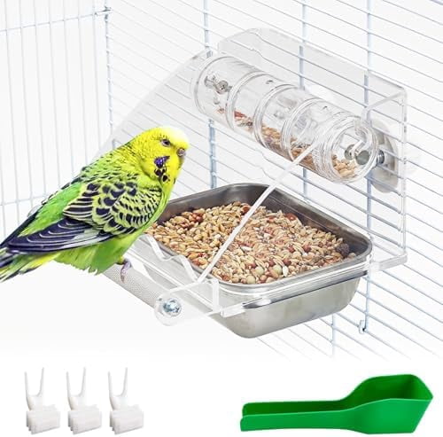 Bird Feeder for Cage with Rotating Foraging Toy No Mess Acrylic Hanging Food & Water Dispenser with Stainless Steel Bowl & Anti-Slip Perch Stand for Parrot, Budgie, Parakeet, Lovebird, Canary