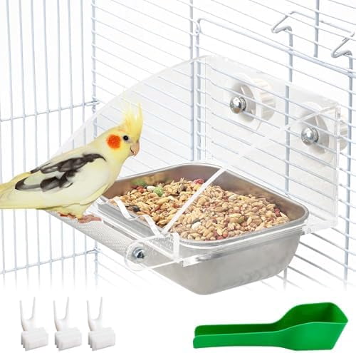 Bird Feeder for Cage with Stainless Steel Food & Water Bowl Acrylic Parakeet Seed Dishes with Anti-Slip Perch Stand for Parrot, Cockatiel, Lovebird, Canary, Finch,Conure,Cockatoo, Pigeon