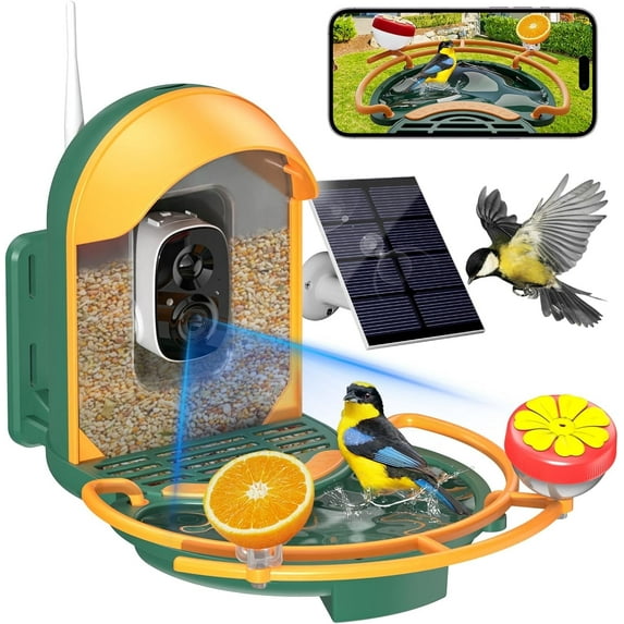 Bird Feeder with Camera, 2K HD Camera Birds Feeder with Bath Wireless Outdoor, Solar Powered Bird Watching with APP Control, Night Vision, Motion Detection Alerts, Birdfeeder for Backyard, Dark Green