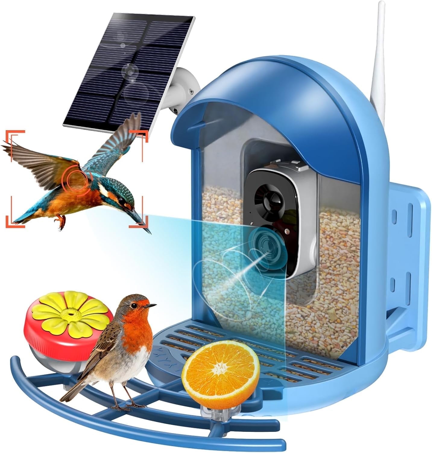 Bird Feeder with Camera, 2K HD Camera Birds Feeder with Bath Wireless Outdoor, Solar Powered Bird Watching with APP Control, Night Vision, Motion Detection Alerts, IP66 Birdfeeder for Backyard, Blue