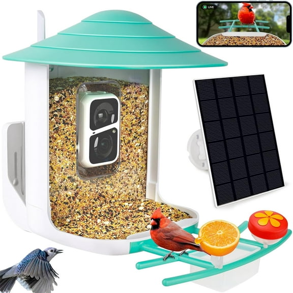 HEAIHYD Smart Bird Feeder Camera with Solar Panel, 1.8L Capacity, Blue