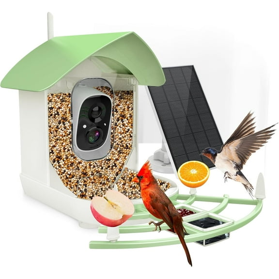 Bird Feeder with Camera, Smart AI Bird Breed Recognition, Birds Motion Detection with Real-Time Notice, 2K Auto Capture Bird Watching WiFi Camera, Solar-Powered Outdoor Charging Bird House,Green