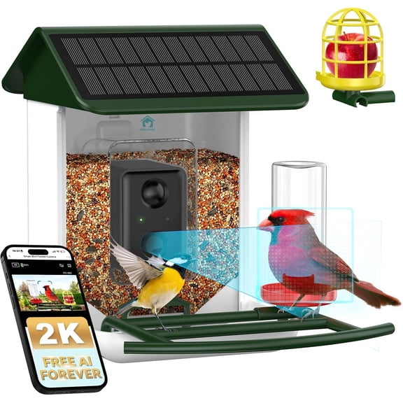Bird Feeder with Camera No Subscription-Free AI Forever for 1,1000+ Birds Identification, 2K HD & 5MP Night Vision, Record Video Live View, 64GB Card, App Alerts, Gifts for Bird Lovers (Green)
