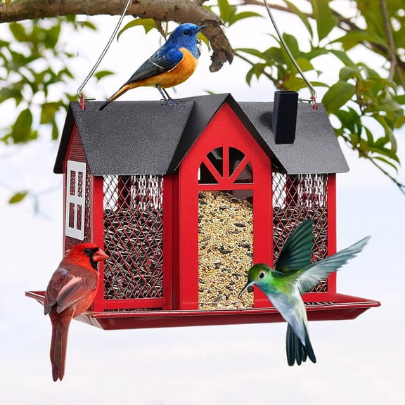 Bird Feeder For Outdoors Metal Mesh Triple-Tubed Chickadee Friendly Large-Capacity Red Bird Feeder