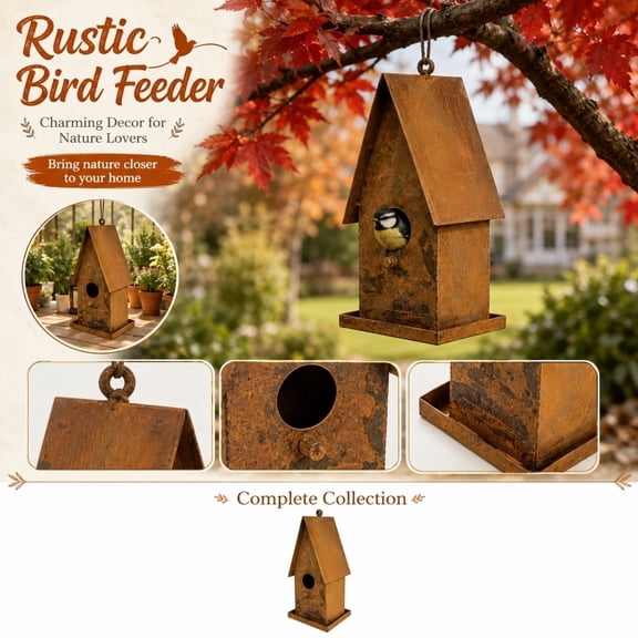 Bird Feeder, Hanging Bird Feeder, Metal Bird Feeder, Rustic Decor, 8X4 Inch Distressed Finished Iron Birdhouse Style Craft Ornament for Outside Backyard Lawn Porch Display