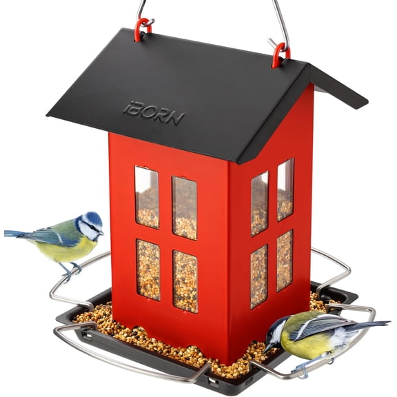 Bird Feeder House, Metal Bird Feeders for Outdoors Hanging,Double-Sided Metal Han r & Weatherproof, Easy to Clean & Refill, 2.2 Lbs Capacity, Red