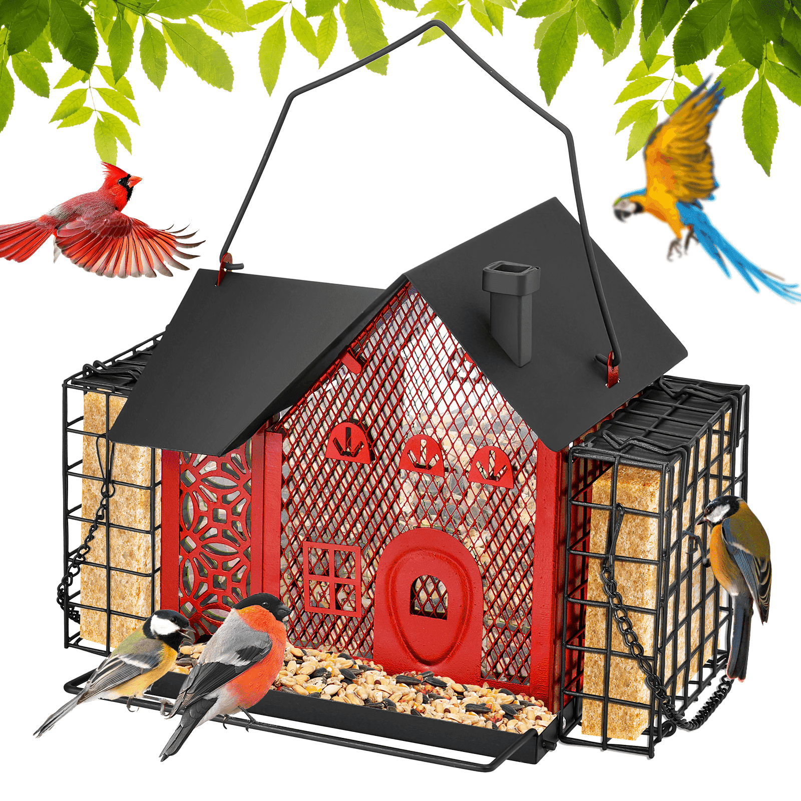 Bird Feeder House for Outdoor Hanging, Metal Wild Bird Feeder with with 2 Suet Cage for Finch Cardinal Chickadee, Large Capacity, Weatherproof and Durable, Red