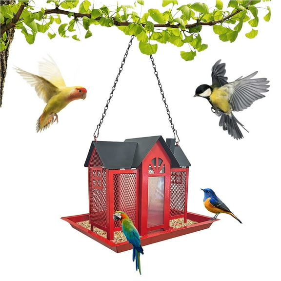 Bird Feeder House for Outside Hanging, Metal Mesh Wild Bird Feeder with Triple Feeders for Finch Cardinal Chickadee, Large Capacity, Waterproof and Durable