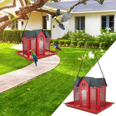 Bird Feeder House for Outside, Metal Mesh Wild Bird Feeder with Triple Feeders for Finch Cardinal Chickadee, Large Capacity, Weatherproof and Durable(Red)