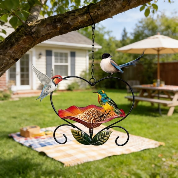Bird Feeder, Iron Birds Feeder Heart Shape Flower Birds Feeder Outdoor Garden Decoration Hanging