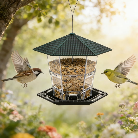 Bird Feeder for Outdoor Hanging, Clear Hexagon Plastic Seed Feeder with Rainproof Roof & Multi Perch Tray, Weather Resistant Hanging Bird Food Dispenser for Yard Garden Patio Backyard