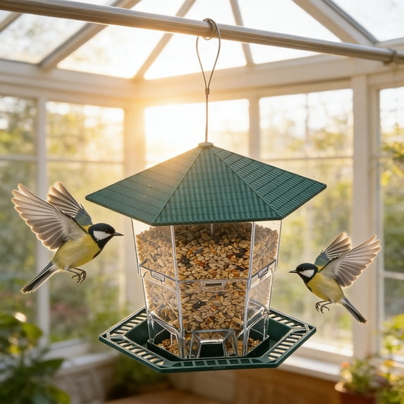 Bird Feeder for Outdoor Hanging, Clear Hexagon Plastic Seed Feeder with Rainproof Roof & Multi Perch Tray, Weather Resistant Hanging Bird Food Dispenser for Yard Garden Patio Backyard