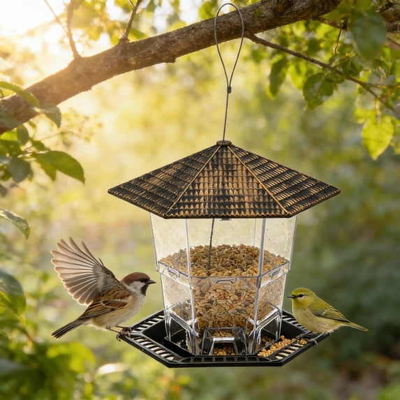 Bird Feeder for Outdoor Hanging, Clear Hexagon Plastic Seed Feeder with Rainproof Roof & Multi Perch Tray, Weather Resistant Hanging Bird Food Dispenser for Yard Garden Patio Backyard