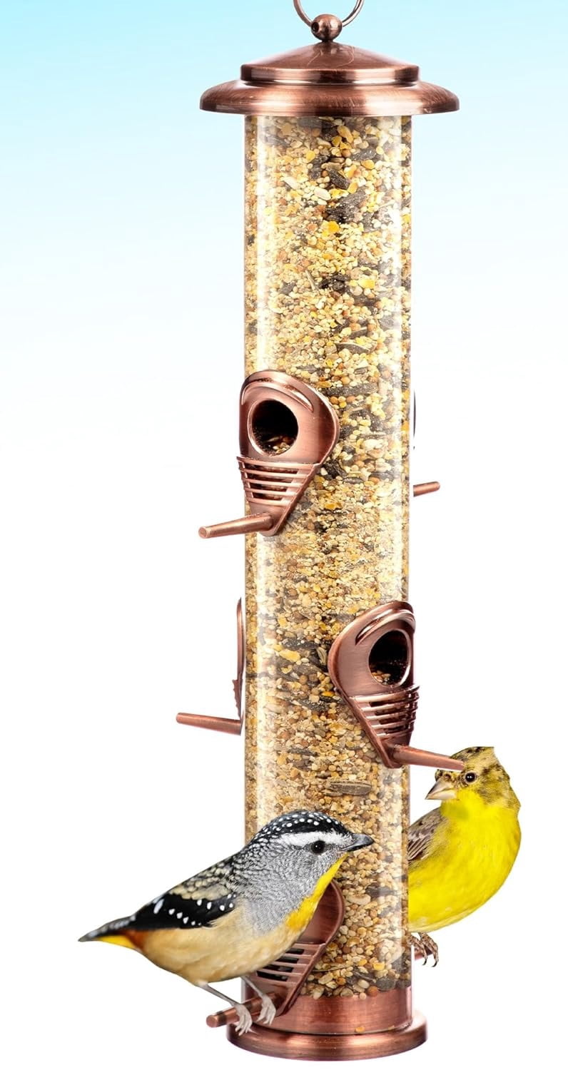 Bird Feeder for Outdoors (Brushed Metal Copper) Hanging Bird Feeders with Locking Lid & Adjustable Hanger, Chew-Proof, Weather Resistant (15 Inches, 6 Port)
