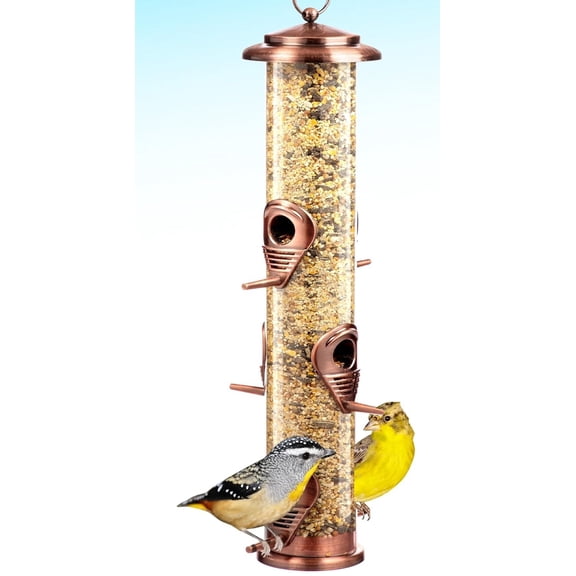 Bird Feeder for Outdoors (Brushed Metal Copper) Hanging Bird Feeders with Locking Lid & Adjustable Hanger, Chew-Proof, Weather Resistant (15 Inches, 6 Port)