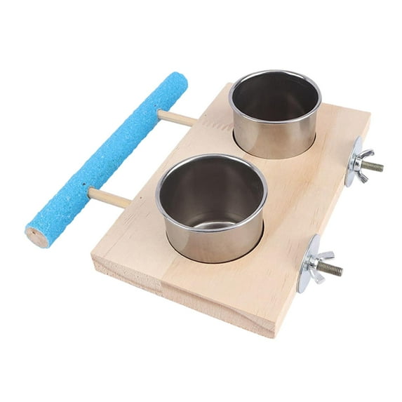 Bird Feeder Parrot Cage Feeder Wood Perch Stand Hanging Feeding Bowls Parrot Food and Water Bowls Bird Food Tray for Lovebirds Double Bowl