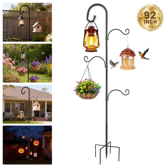 92 Inch Shepherds Hooks for Outdoor with 4 Hooks, Heavy Duty Bird Feeder Pole with 5 Base Prongs, Adjustable Garden Hanging Holder for Bird Feeders, Lanterns, Valentine's Gift Weddings Decor