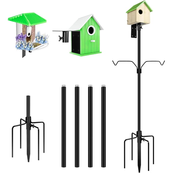 Bird Feeder Pole, 79 Inch Heavy Duty Bird House Pole Mount Kit for Outdoors, Adjustable Metal Bird Feeding Stand, with 2-Hooks, 5-Prong Base for Hanging Feeders, Black