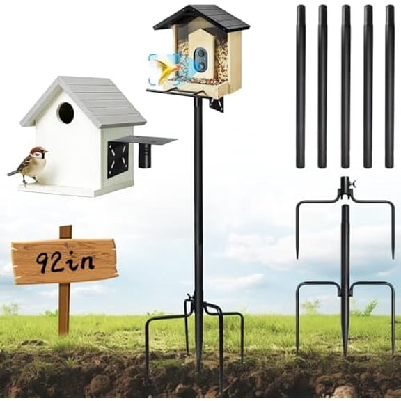 Bird Feeder Pole - 92 Inch/8ft Heavy Duty Bird Feeding Stand with Mount Kit, Adjustable Birdhouse Pole for WildBird Outdoor Garden, Slip-Fit Connection, Black, Stable 5-Prong Base$$