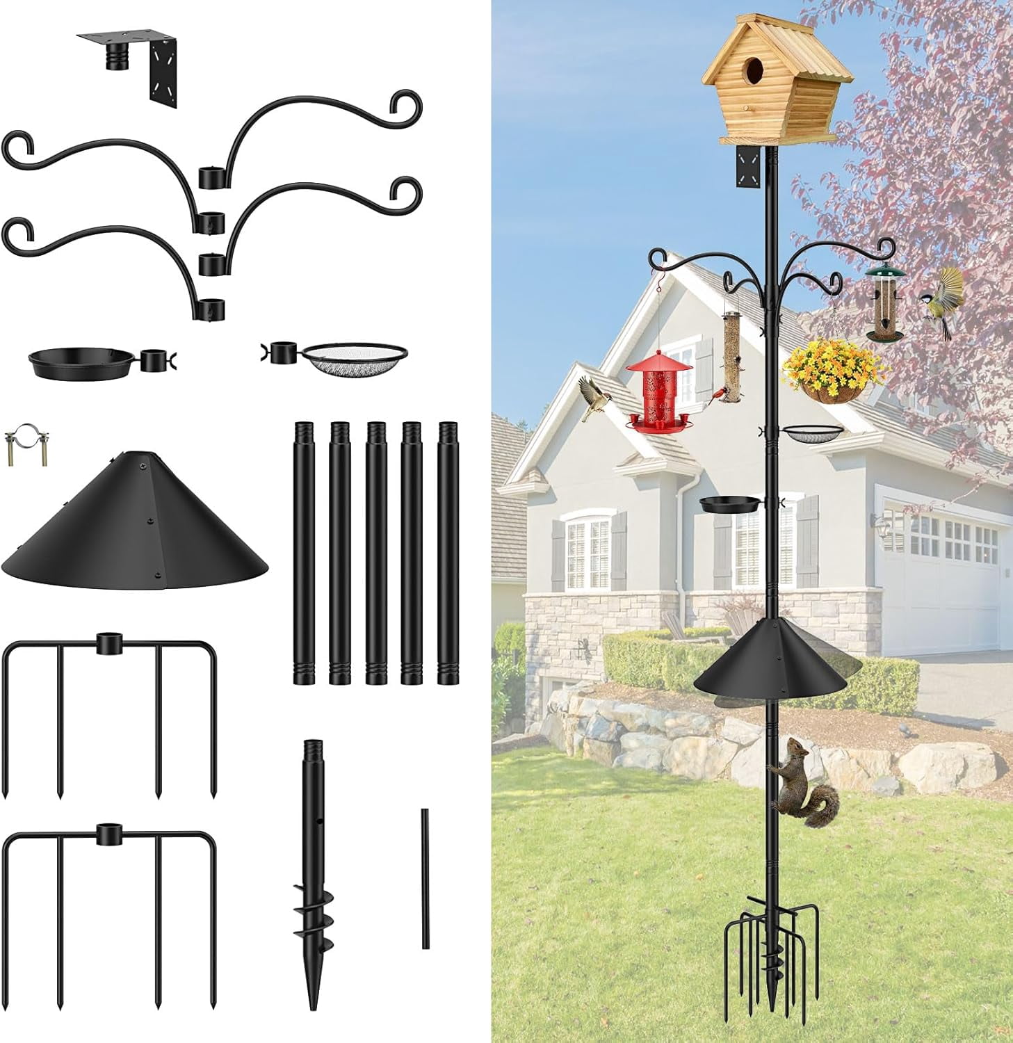 Bird Feeder Pole, 92 inch Bird Feeding Station Heavy Duty with Squirrel Baffle and 9 Prong Base, Includes Water Bowl and Mesh Tray for Feeding, for Gardens and Courtyards, No Bird House, Black