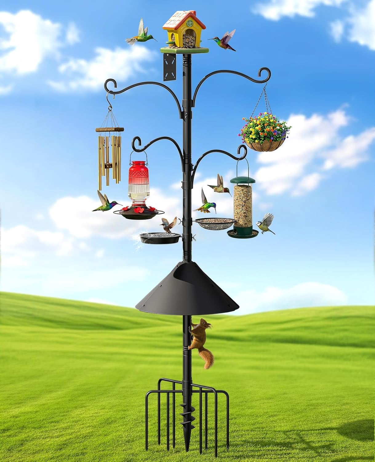 Bird Feeder Pole, 93" Shepherds Hooks Squirrel Proof for Outdoor, Adjustable Heavy Duty Birdhouse Pole Smart Feeder Stand with 4 Hooks & 9 Prongs Base & Squirrel Baffle for Hanging Plant,Garden Decor