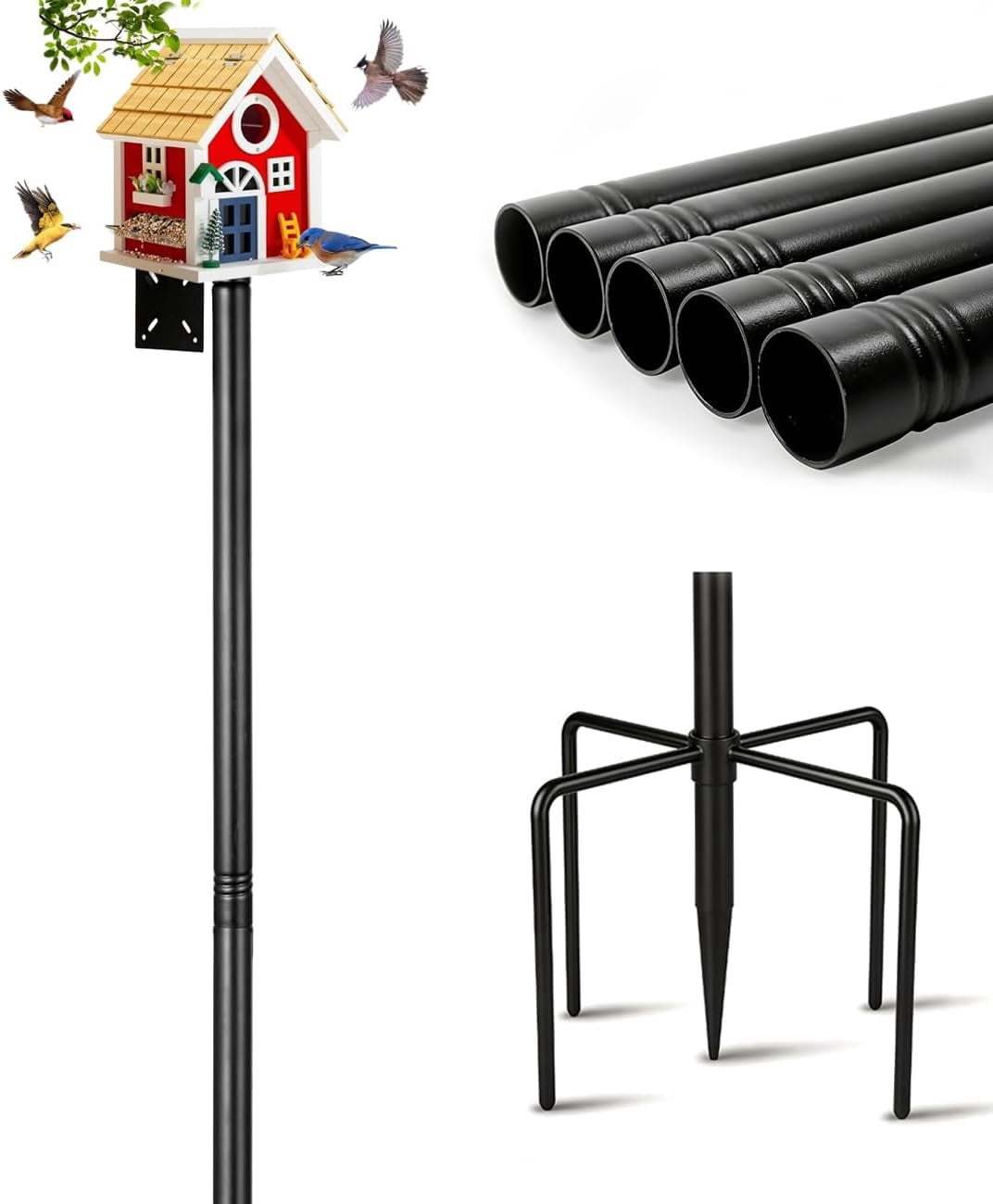 Bird Feeder Pole, Heavy Duty Birdhouse Pole with Spiked Baffle & 2 Tray, Adjustable Wild Bird Feeding Station Hanging Pole for Outdoors, Yard, Garden Decor (Without Birdhouse)