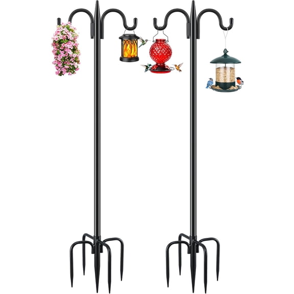 Bird Feeder Pole for Outdoors Heavy Duty, 2 Pack 92 Inch Double Shepherds Hook with 5-Prong Stable Base, 3/4 Inch Thick Hummingbird Feeder Stand for Hanging Plants, Lanterns