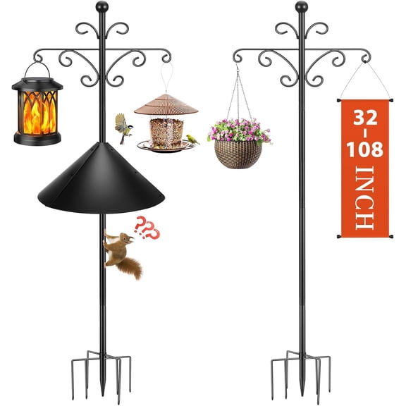 Bird Feeder Pole for Outdoors Heavy Duty Squirrel Proof, 2 Pack 108 Inch Adjustable Tall Shepherds Hooks for Outdoor with 7 Prongs Base, Double Shepherd Hooks (2 Pack Black, 108 Inch)