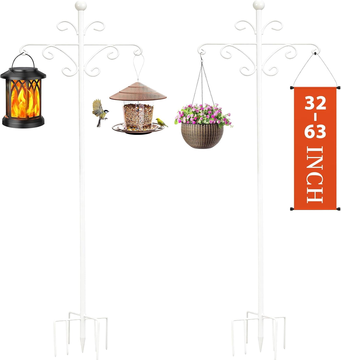 Bird Feeder Pole for Outdoors Heavy Duty Squirrel Proof, 2 Pack 63 Inch Adjustable Tall Shepherds Hooks for Outdoor with 7 Prongs Base, Double Shepherd Hooks (2 Pack White, 63 Inch)