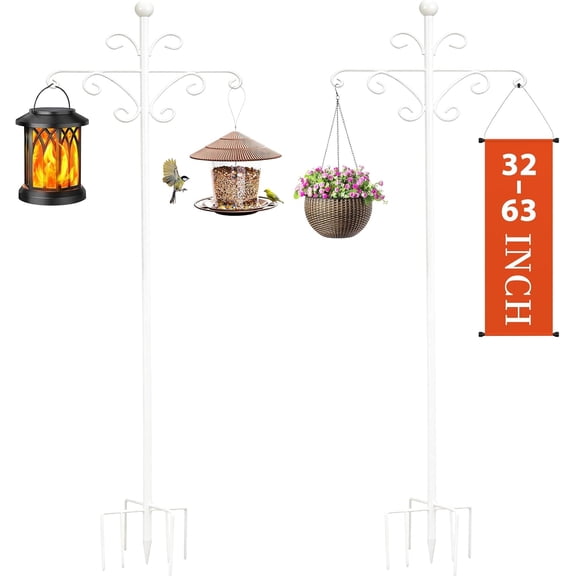 Bird Feeder Pole for Outdoors Heavy Duty Squirrel Proof, 2 Pack 63 Inch Adjustable Tall Shepherds Hooks for Outdoor with 7 Prongs Base, Double Shepherd Hooks (2 Pack White, 63 Inch)