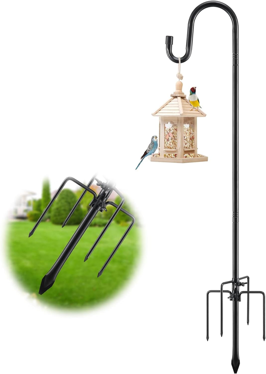 Bird Feeder Pole with Shepherd’S Hook - 78" Heavy Duty Hummingbird Stand with 5-Prong,Rustproof Bird Feeder Hangers for Outside Hanging Birdfeeders, Wind Chimes, Lanterns, Solar Lights - Black