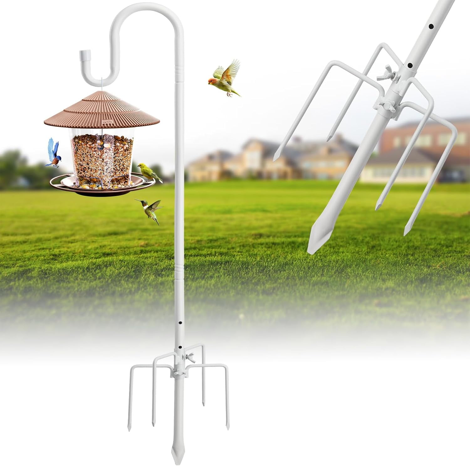 Bird Feeder Pole with Shepherds Hook - Heavy Duty Hummingbird Stand 5 Prong,78" Adjustable Rustproof Garden Hooks Outdoor for Hanging Birdfeeder,Wind Chimes,Lanterns,Solar Lights,White