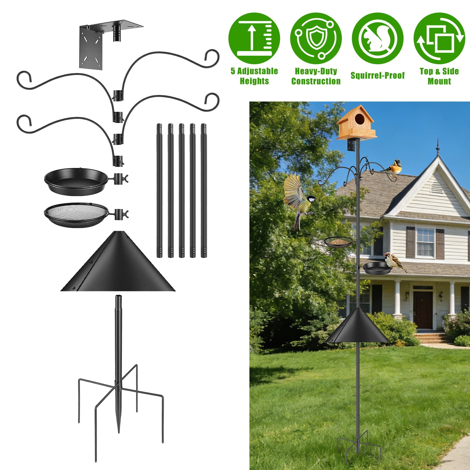 Bird Feeder Pole with Squirrel Baffle, 5-Prong Stand, 32-94" Adjustable Height