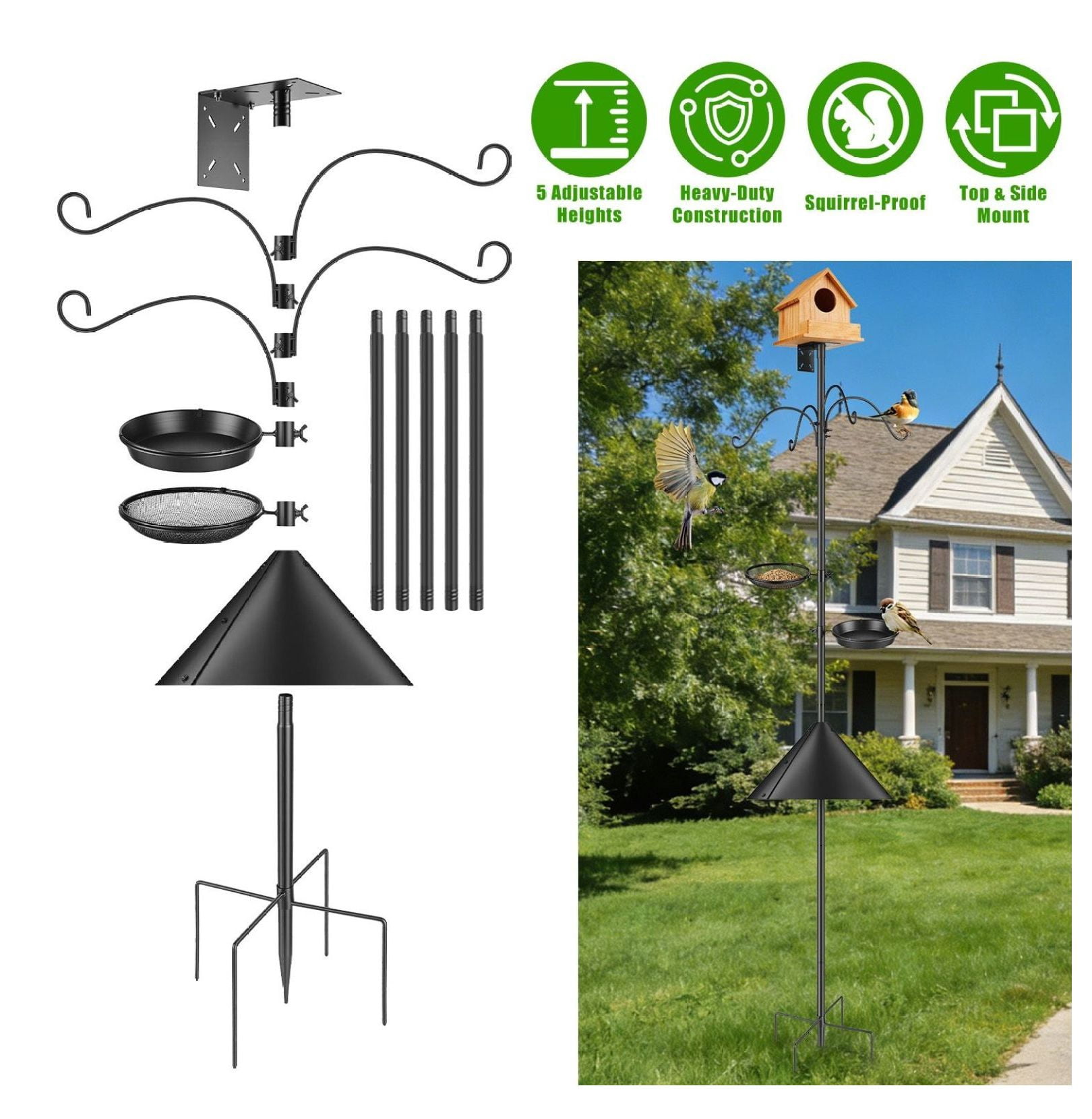 Bird Feeder Pole with Squirrel Baffle, Adjustable Height 32-94", 5-Prong Base, Outdoor Feeding Station with 4 Hooks, Birdhouse Brackets for Garden Yard