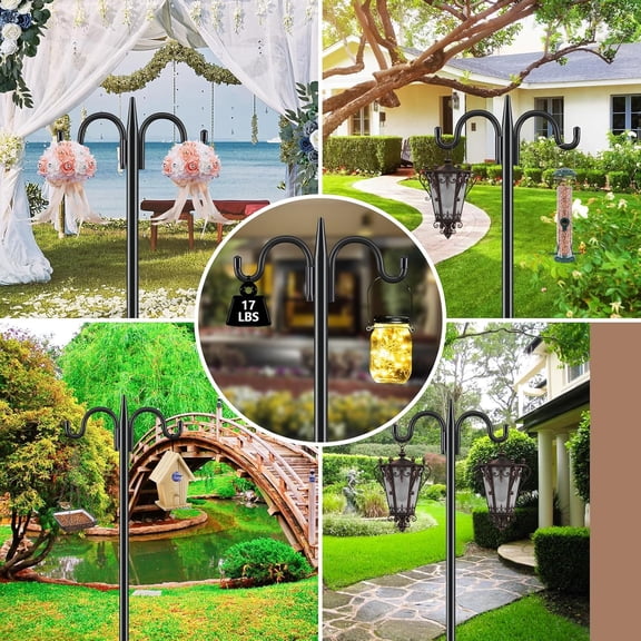 Bird Feeder Pole Squirrel Proof, 92 Inch Double Shepherds Hook for Outdoor with Squirrel Baffles Adjustable Heavy Duty with 5 Prongs Base for Hanging Plants, Bird Feeders, Black