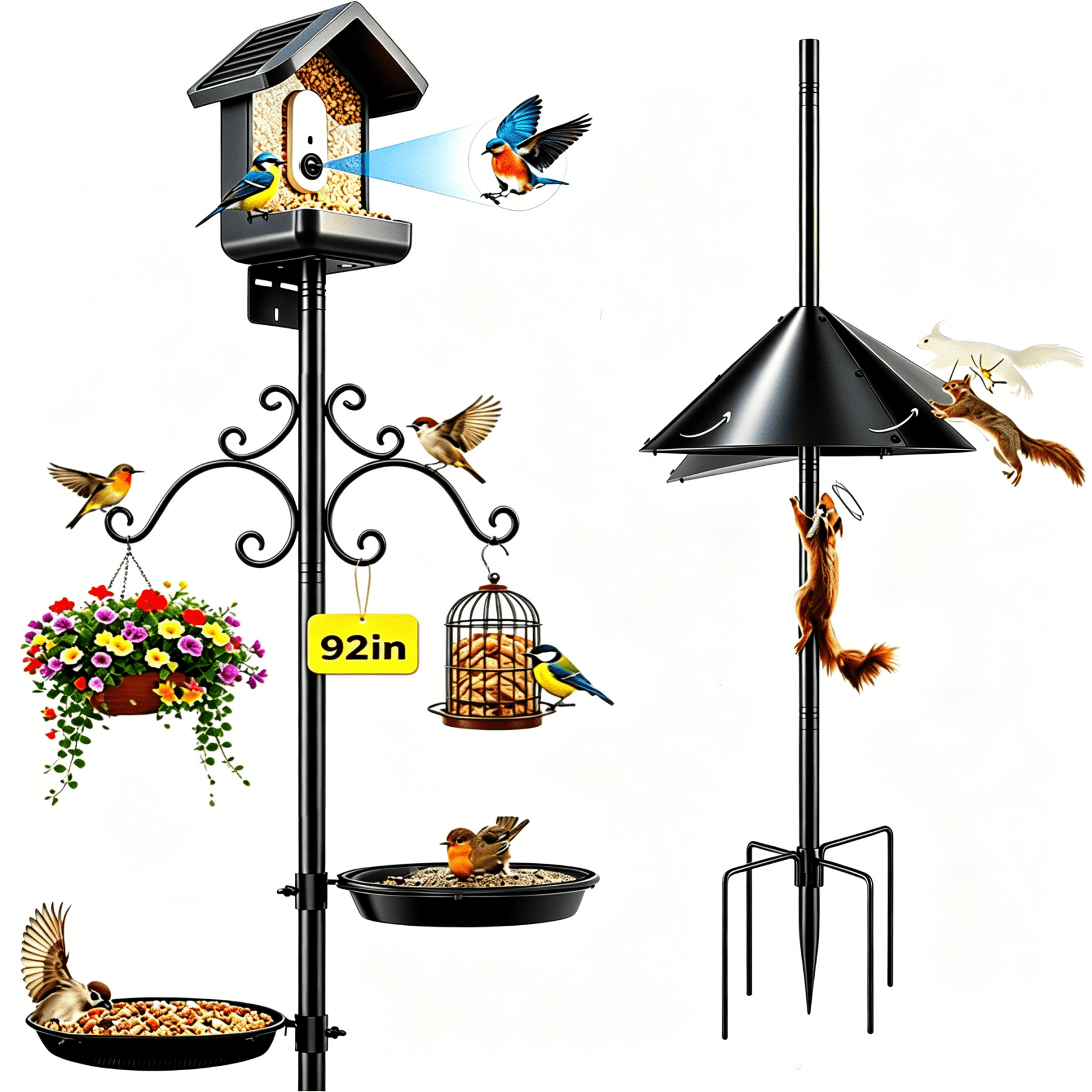 Bird Feeder Pole Squirrel Proof, 92 Inch Heavy Duty Bird House Pole, Adjustable Bird Feeder Stand with 2 Shepherds Hooks, 2 Mental Trays, Hummingbird Swing