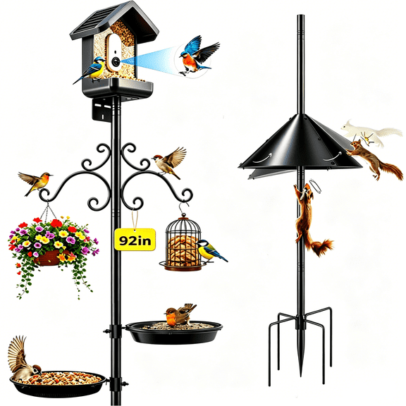 Bird Feeder Pole Squirrel Proof, 92 Inch Heavy Duty Bird House Pole, Adjustable Bird Feeder Stand with 2 Shepherds Hooks, 2 Mental Trays, Hummingbird Swing